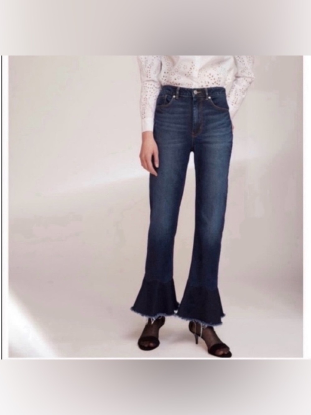 La Vie Rebecca Taylor Denim Jeans Ruffle Raw Hem Ankle Cropped High Waisted 25